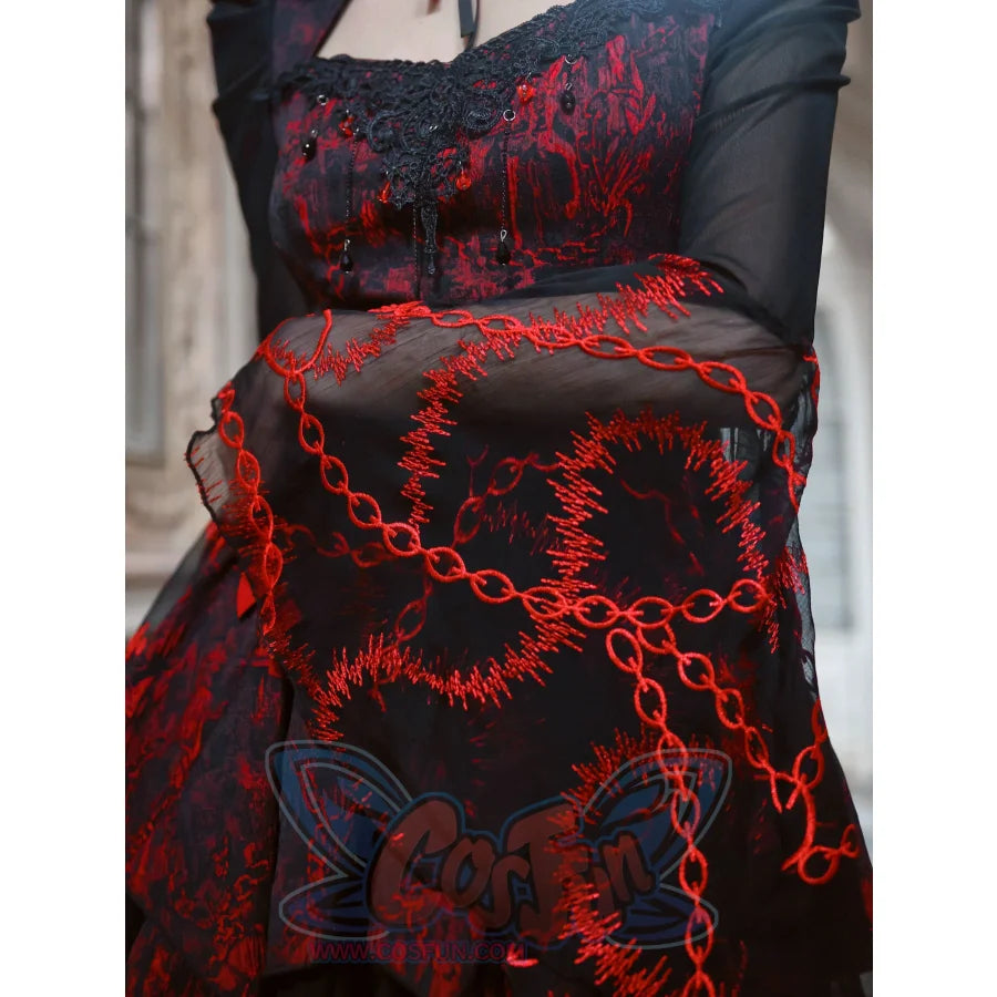 Autumn Gothic Red Black Jacquard Embroidery Lace Top