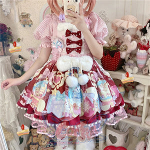 Christmas Cute Print Suspender Dress Pink And Red / S