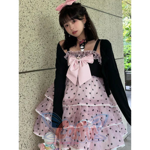 Sweet Lovely Pretty Girl Wavepoint Black And Pink JSK Light Lolita Dress Cardigan / S Dress