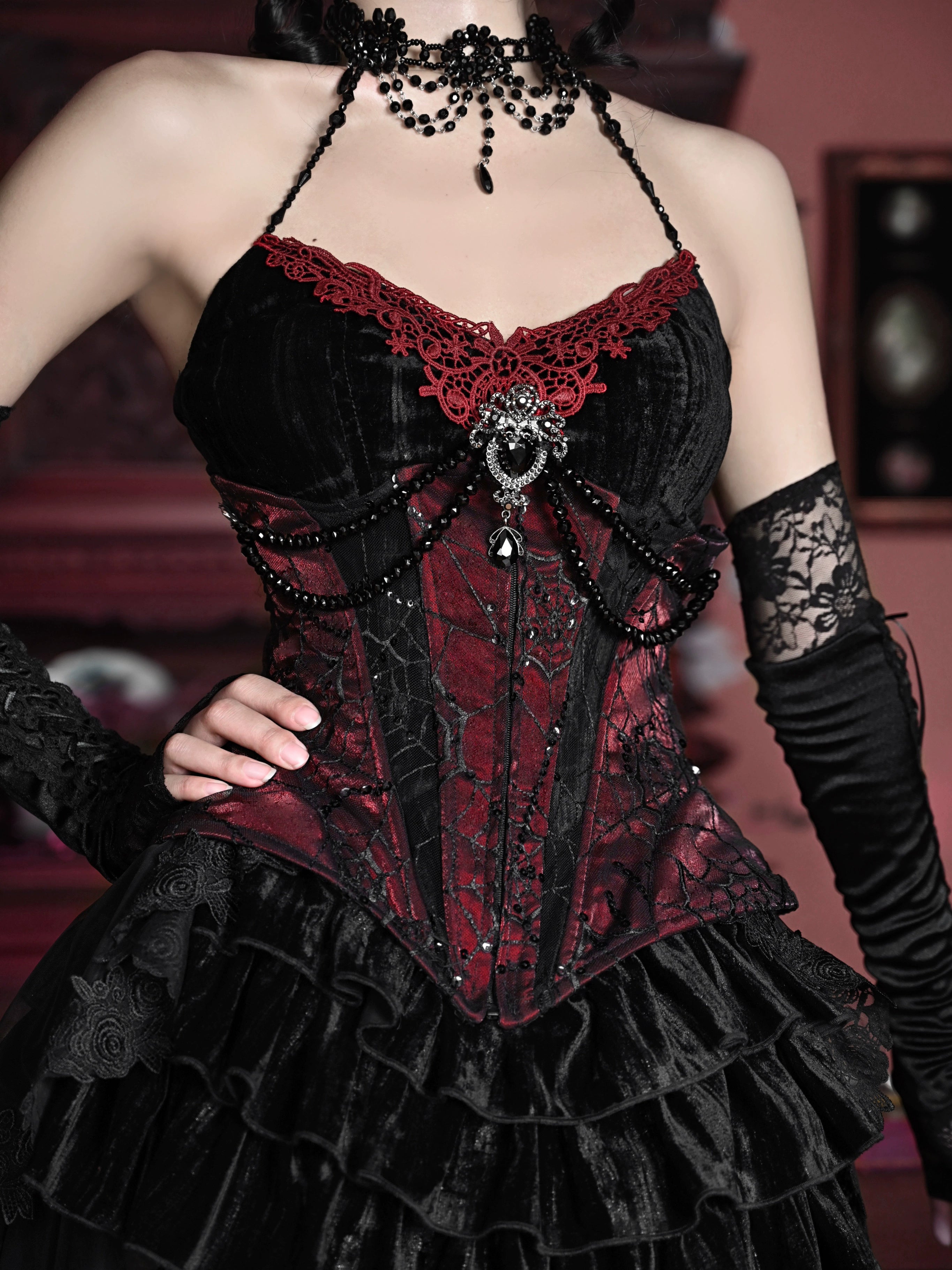 MOVING SALE Morbid Threads Rare Black & Red Velvet Lace Up Gothic Corset  Top