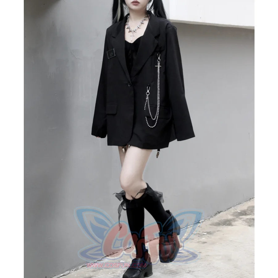 Black Suit Jacket Loose Chain Harajuku Style Casual Street Long Sleeve S20624 / S