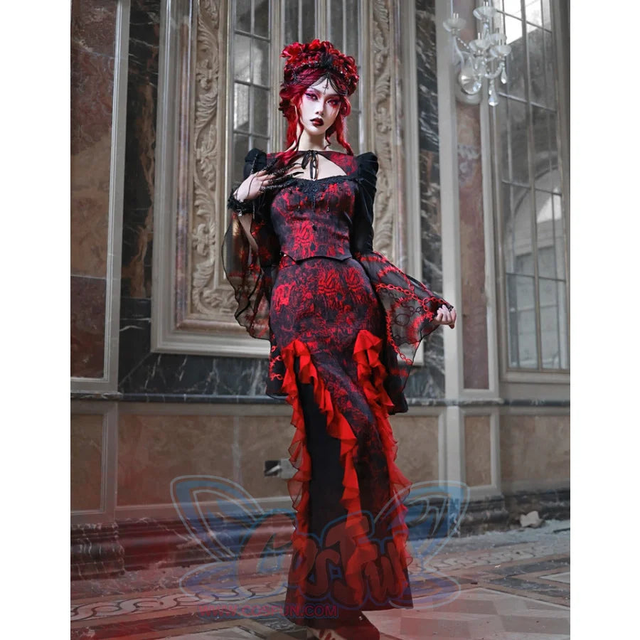 Gothic Jacquard Patchwork Chiffon Wavy Fishtail Skirt