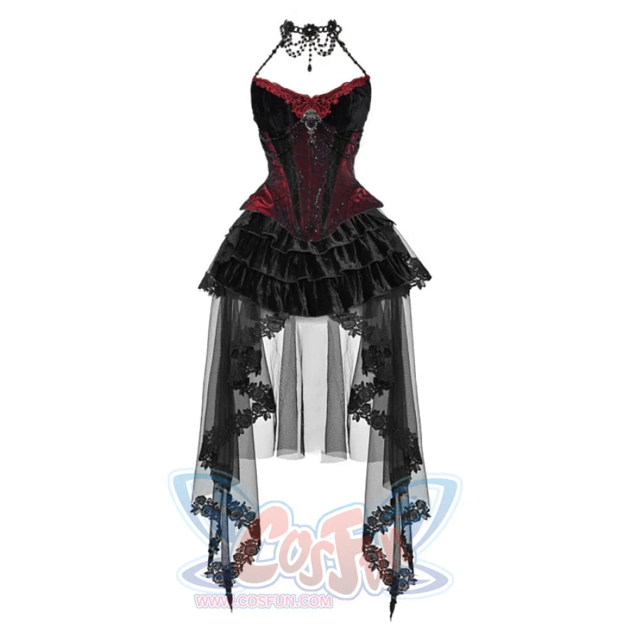 Gothic Velvet Fishbone Corset Halloween 3-Piece Set S22987 Top + Corset + Skirt / S