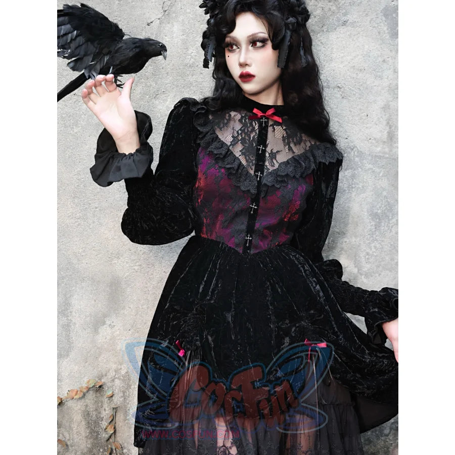 Gothic Halloween Velvet Bubble Sleeve Dress