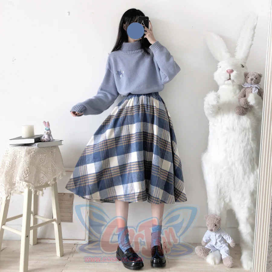 Japanese Style Tweed Soft Girl Plaid Thickened Suede Versatile Long Skirt Longuette Blue / One Size