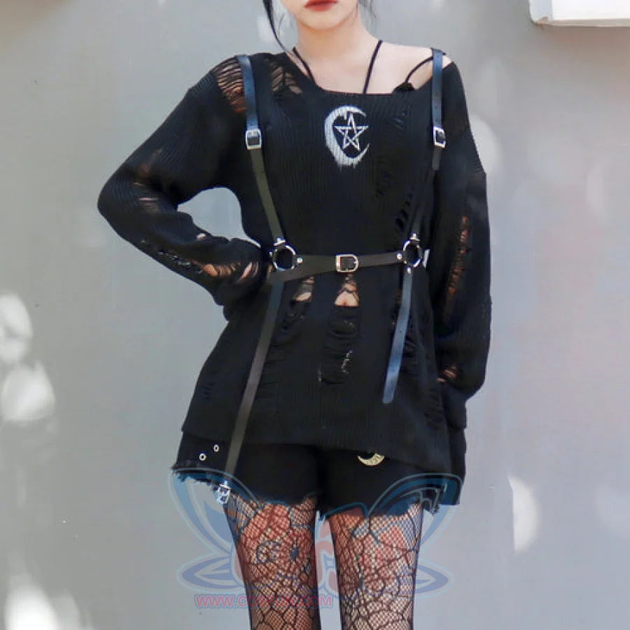 Goth Rock Hole Punk Street Knit Top + Strap / One Size