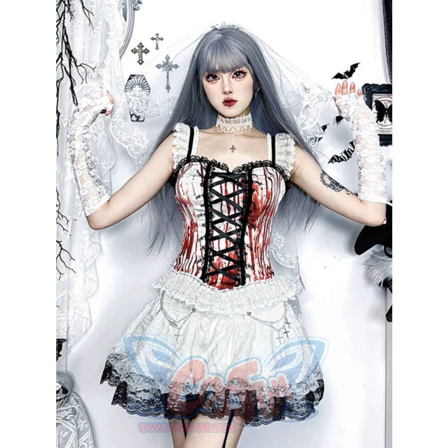 Halloween Bloody Mary Drawstring Halter Lolita Top And Skirt