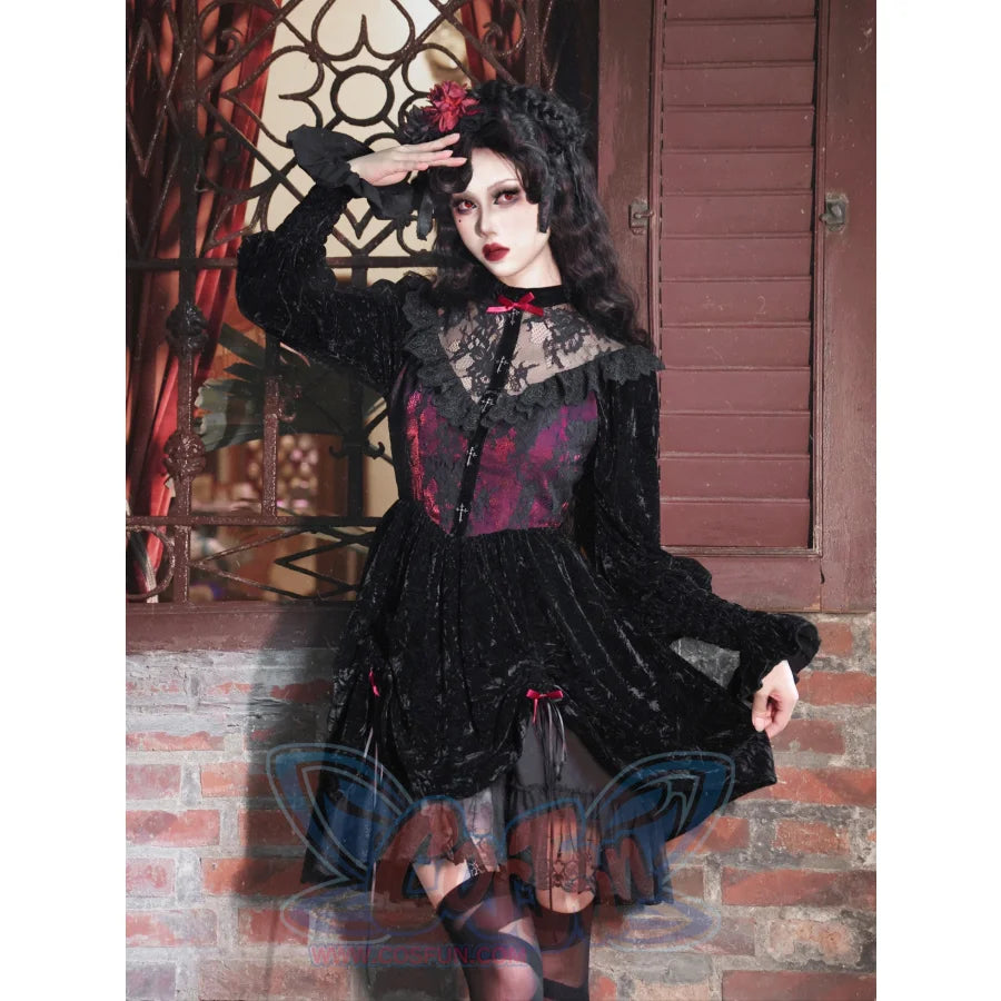 Gothic Halloween Velvet Bubble Sleeve Dress