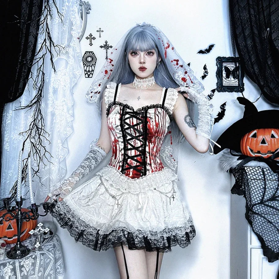 Halloween Bloody Mary Drawstring Halter Lolita Top And Skirt