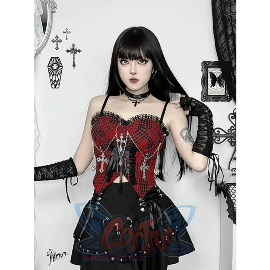 Halloween Punk Red And Black Halter Rock Top