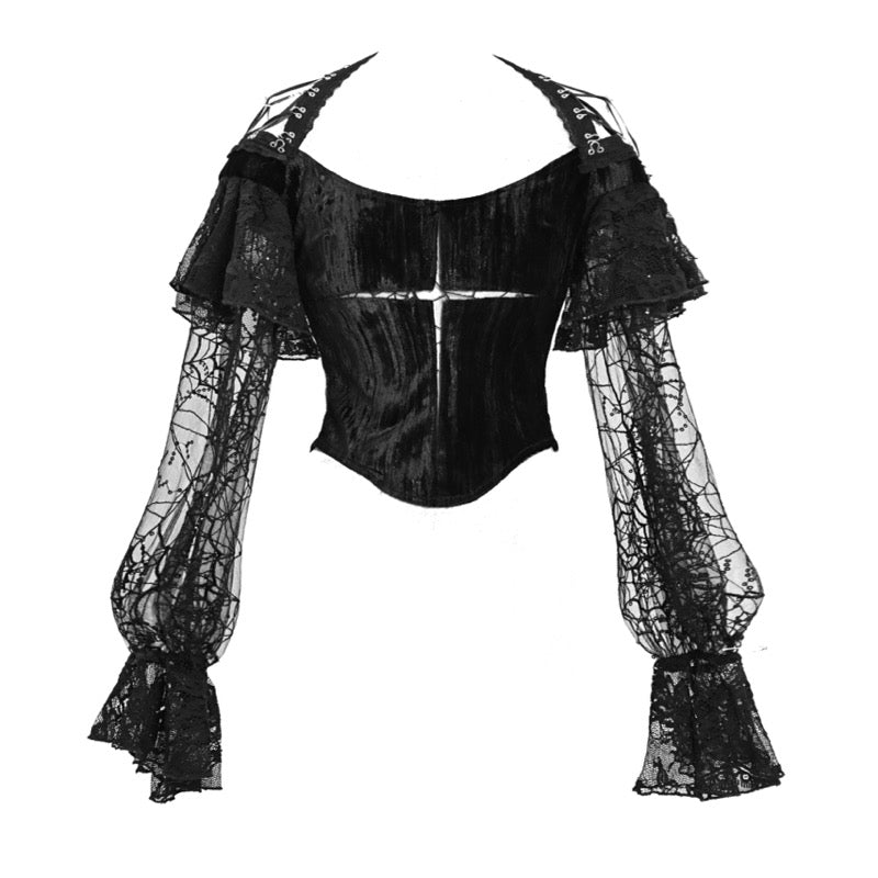 Gothic Velvet Slim Lace Lantern Sleeve Halloween Top