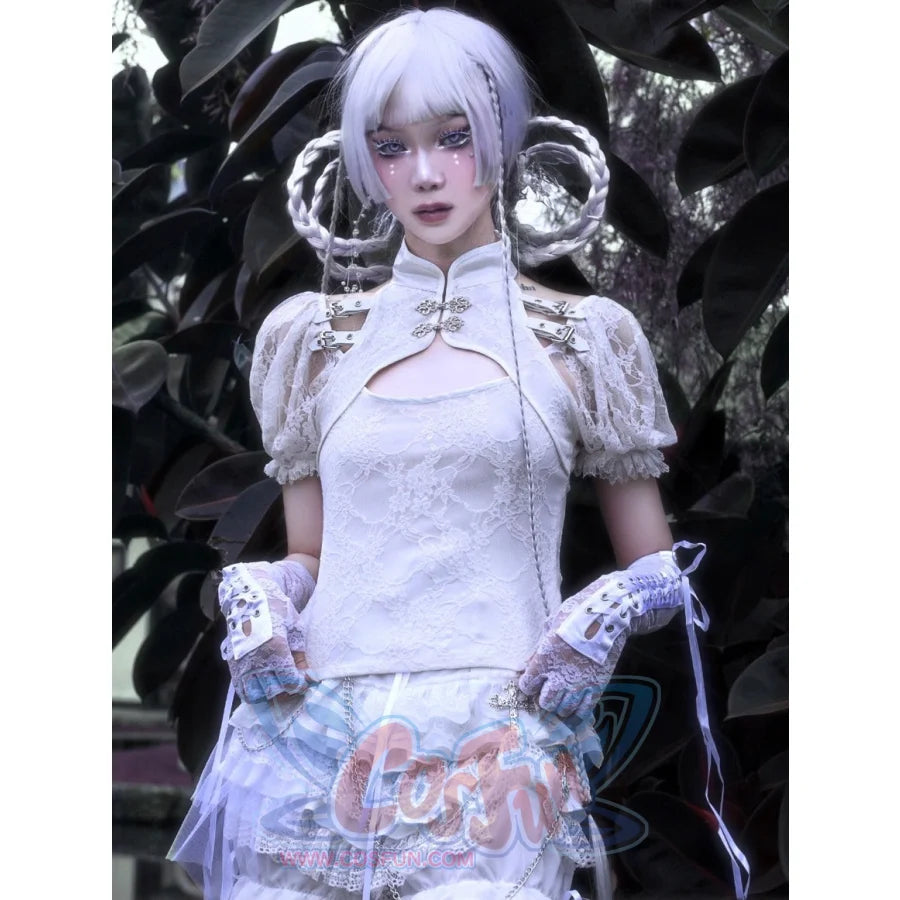 White Lace Chinese Style Bubble Sleeves Stand Collar Shirt