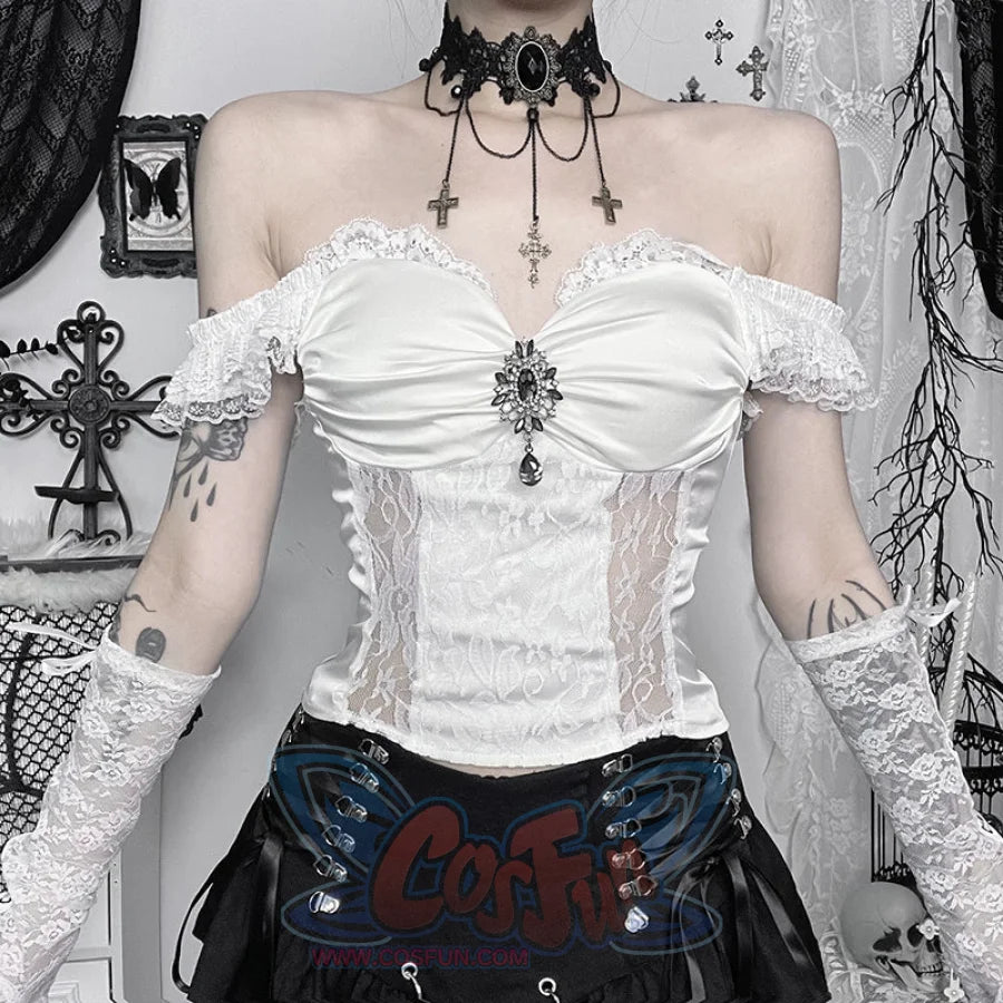 Halloween Ghost Bride White One Shoulder Vintage Gothic Top Lace Fishtail Skirt Top2 / Xs