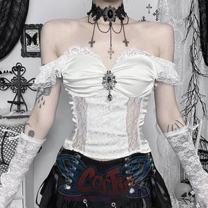 Halloween Ghost Bride White One Shoulder Vintage Gothic Top Lace Fishtail Skirt Top2 / Xs