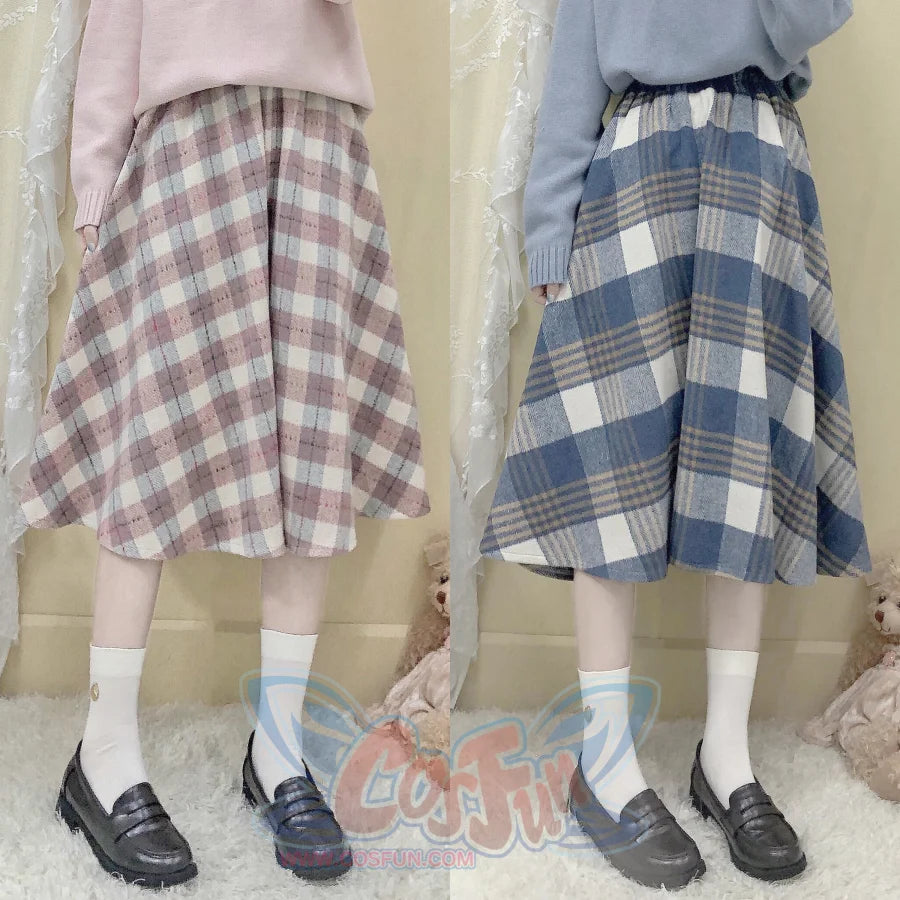 Japanese Style Tweed Soft Girl Plaid Thickened Suede Versatile Long Skirt Longuette