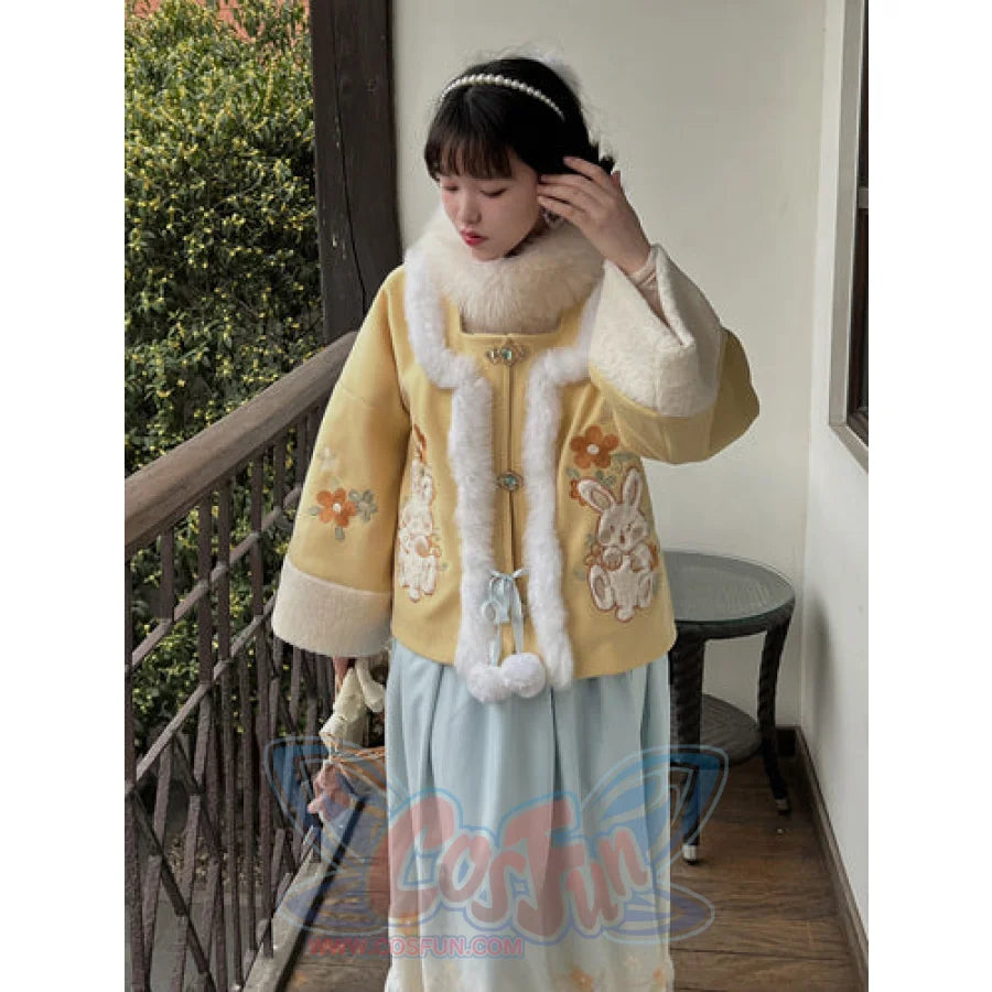 Han Elements Embroidery Wool Coat Chinese Style Dress Suit Yellow / S