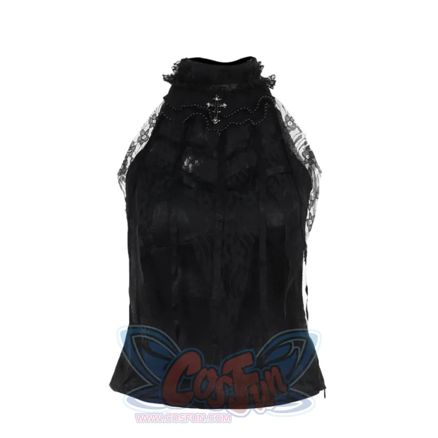 Halloween Gothic Rose Black Hanging Neck Top Xs