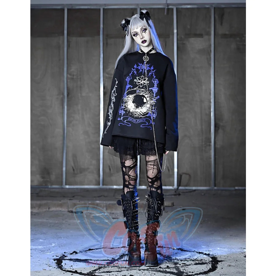 Printed Crystal Ball Diamond Embedded Oversize Woolen Long-Sleeved Hoodie