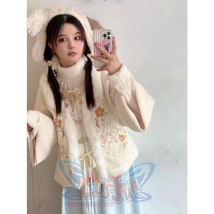 Han Elements Embroidery Wool Coat Chinese Style Dress Suit White / S