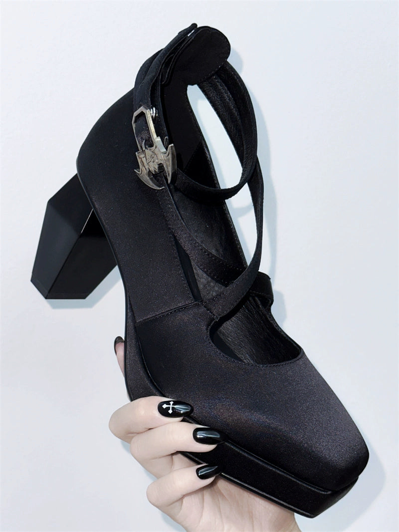 Original Silk Strappy Gothic Nun Square Toe High Heels S22994