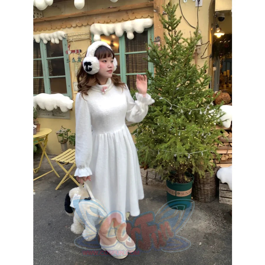 Winter High Neck White Plush Inner Tender Long Dress