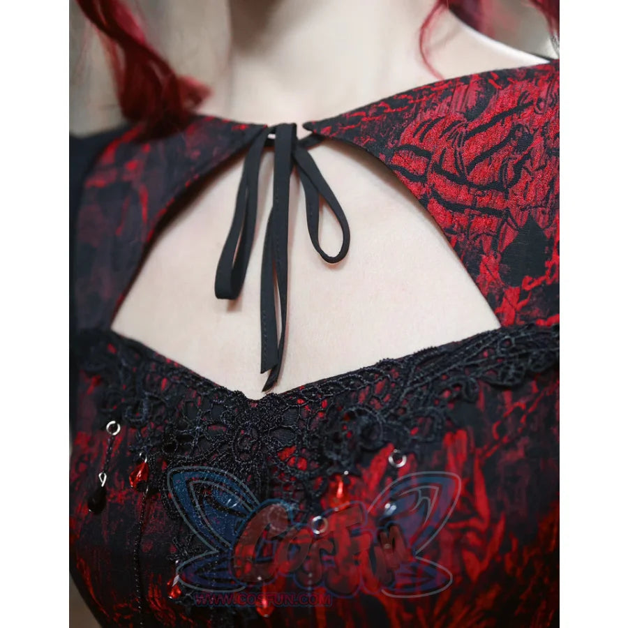 Autumn Gothic Red Black Jacquard Embroidery Lace Top