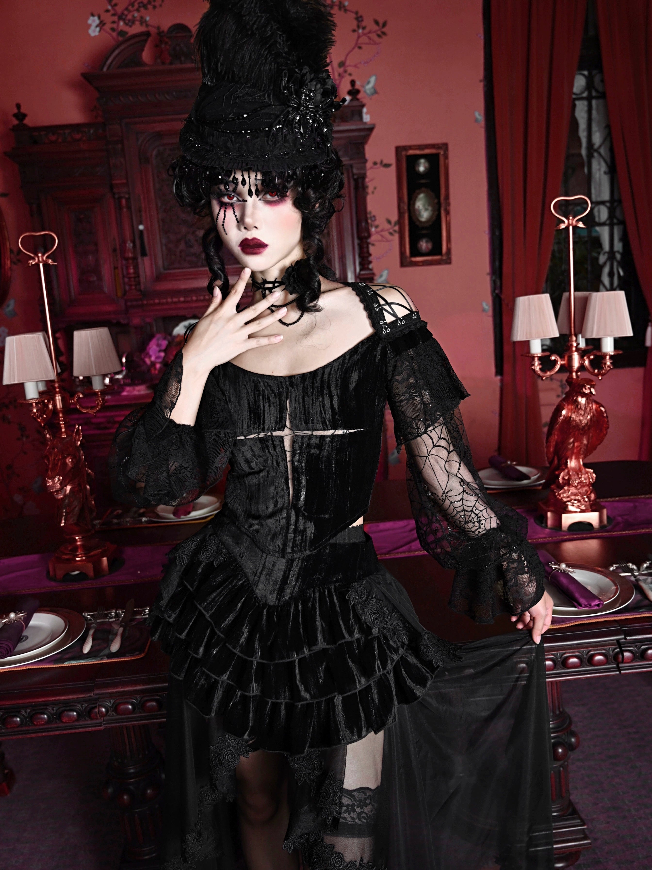 Gothic Velvet Slim Lace Lantern Sleeve Halloween Top