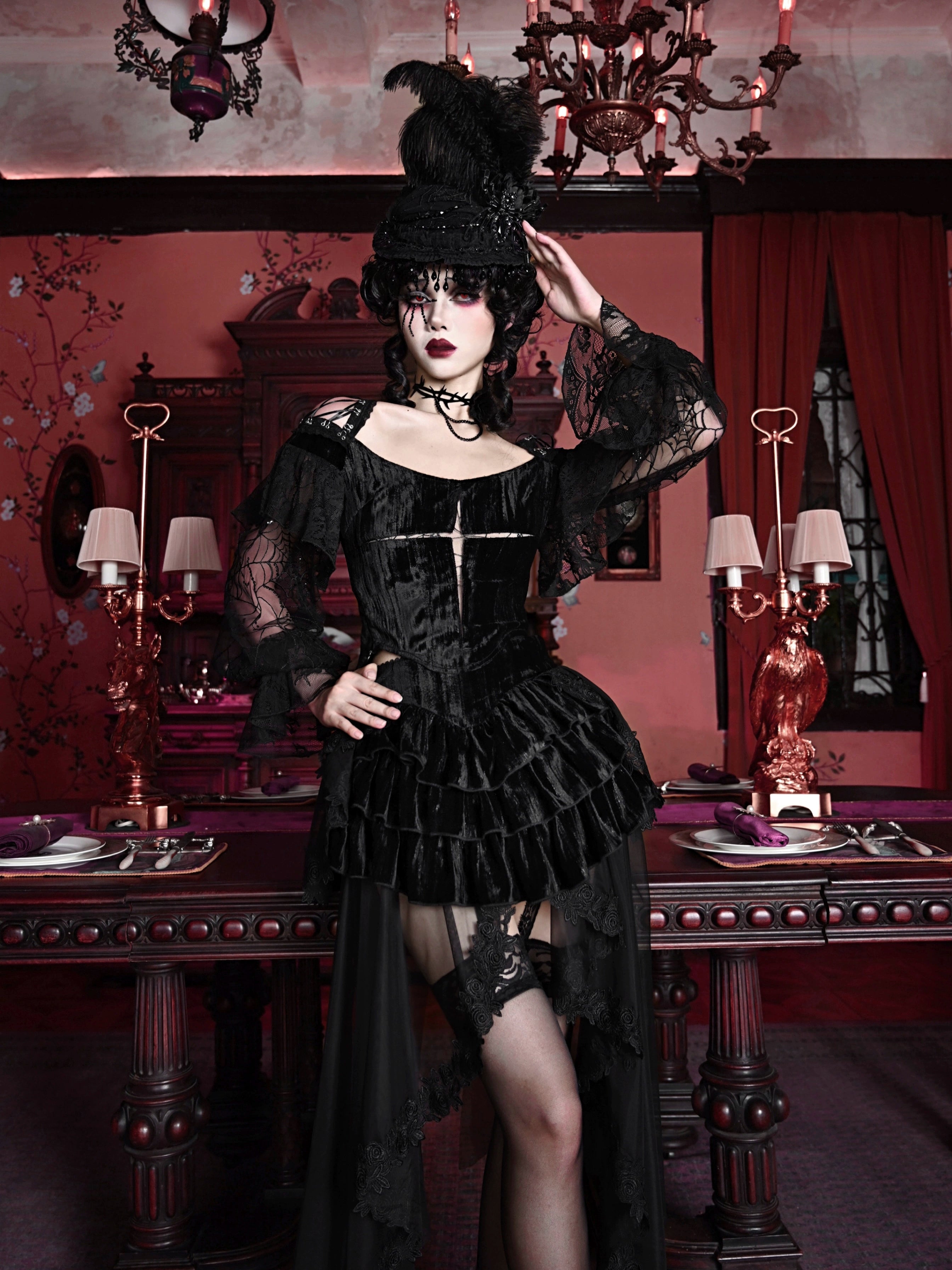 Gothic Velvet Slim Lace Lantern Sleeve Halloween Top