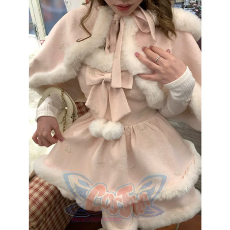 Gentle Pink Cape Halter Winter Girl Dress Set / S