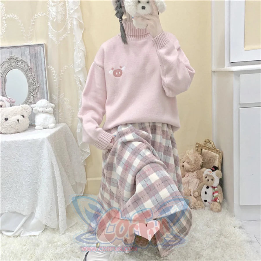 Japanese Style Tweed Soft Girl Plaid Thickened Suede Versatile Long Skirt Longuette Pink / One Size