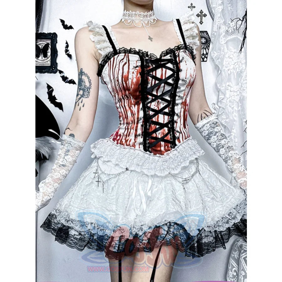 Halloween Bloody Mary Drawstring Halter Lolita Top And Skirt