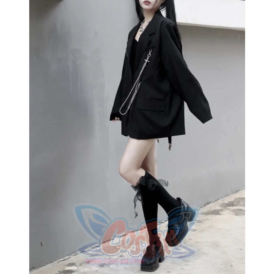 Black Suit Jacket Loose Chain Harajuku Style Casual Street Long Sleeve S20624