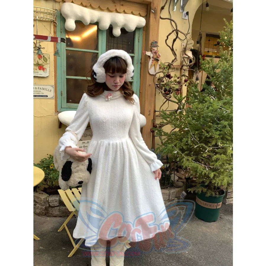 Winter High Neck White Plush Inner Tender Long Dress