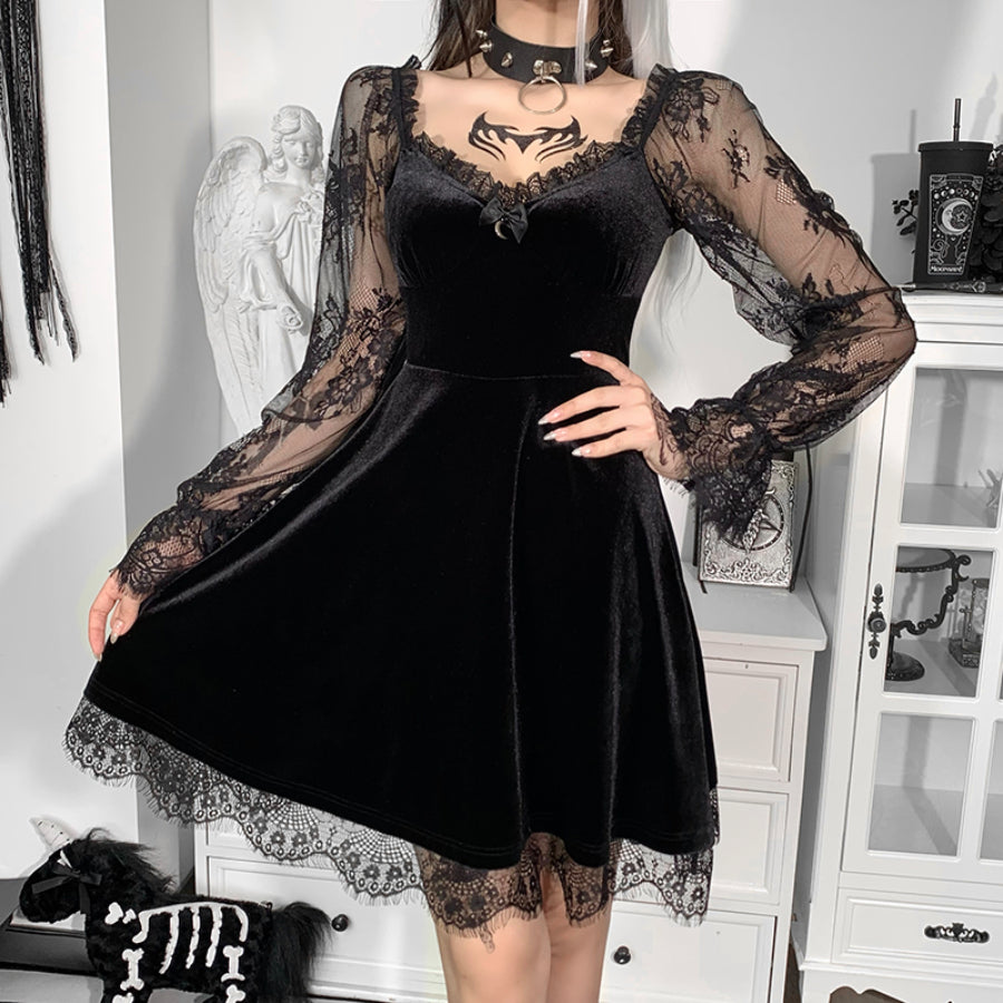 Sexy Velvet High Waist Lace Long Sleeve Princess Short Dress S22905