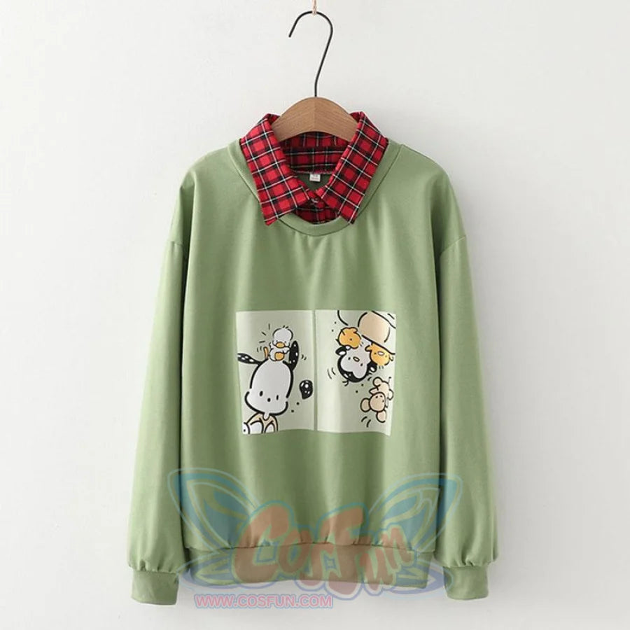 Animal Printing Cartoon Plaid Collar Shirt One-Piece Sweaters Three Colors Hoodie J30003 Green / M