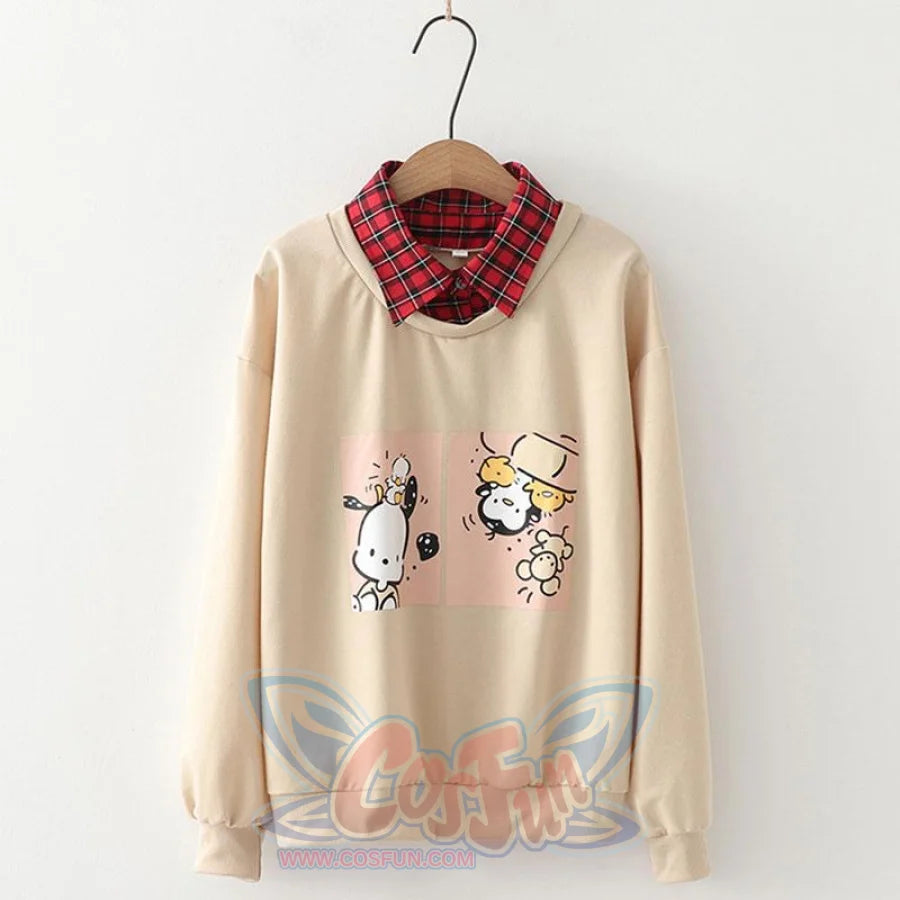 Animal Printing Cartoon Plaid Collar Shirt One-Piece Sweaters Three Colors Hoodie J30003 Khaki / M