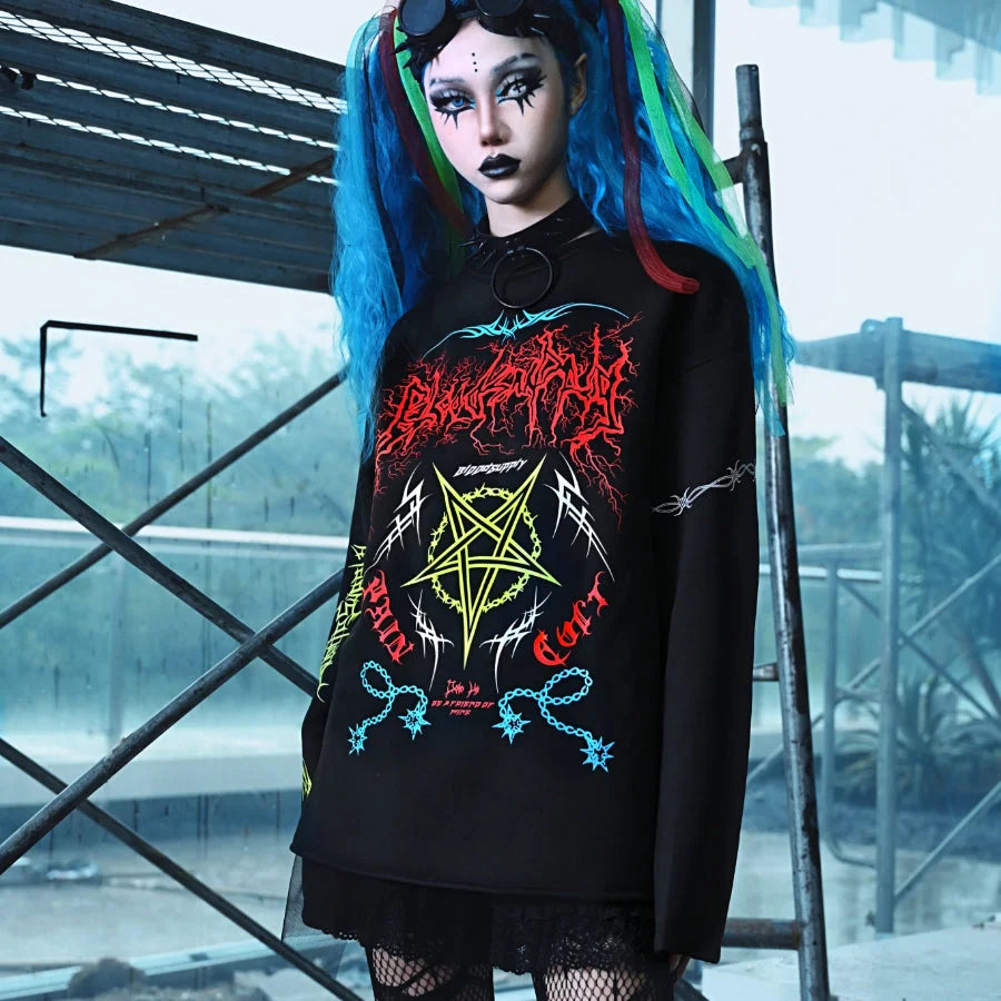 Winter Gothic Printed Logo Loose Woolen Long-Sleeved Hoodie S-M