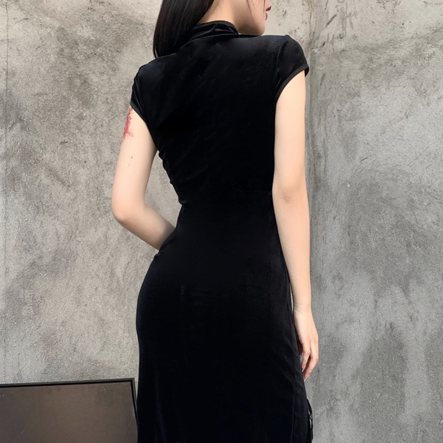 Velvet High Waist Slit Short Sleeve Improved Cheongsam Dress