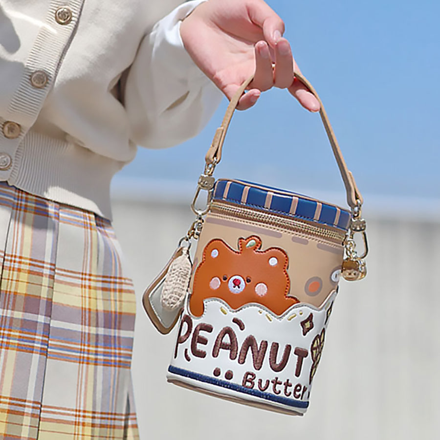 Lovely Bear Peanut Butter Embroidered Crossbody Bucket Bag