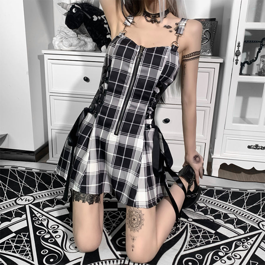 Sweet and Cool High Waist Lace Up Plaid Slip Dress