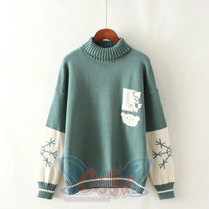 Bear Snowflake Pattern Sweater Winter High Collar Kintted J30009 Green / One Size Sweatshirt