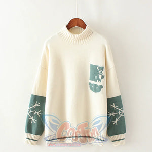 Bear Snowflake Pattern Sweater Winter High Collar Kintted J30009 White / One Size Sweatshirt