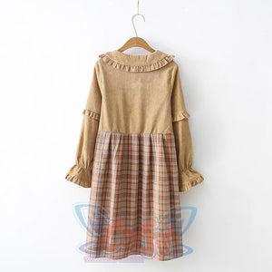 Bears Doll Collar Ruffle Plaid Skirt Pocket Corduroy Dress J30010