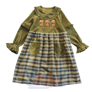 Bears Doll Collar Ruffle Plaid Skirt Pocket Corduroy Dress J30010