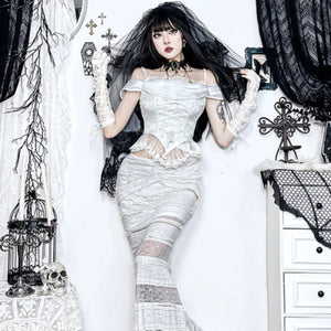 Halloween Ghost Bride White One Shoulder Vintage Gothic Top Lace Fishtail Skirt