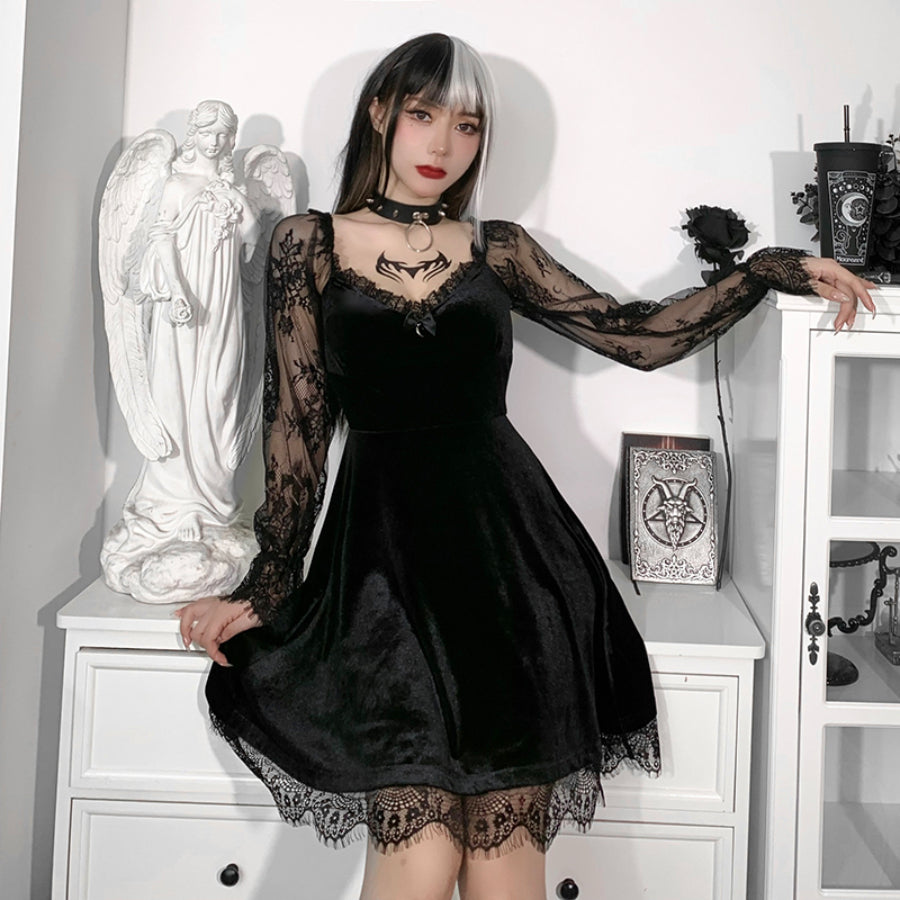 Sexy Velvet High Waist Lace Long Sleeve Princess Short Dress - cosfun