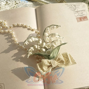 Lily Of The Valley Handmade Brooch And Pearl Chain