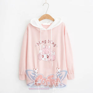 Cartoon Letter Print Rabbit Ears Drawstring Hoodie J10012 Pink / M Sweatshirt