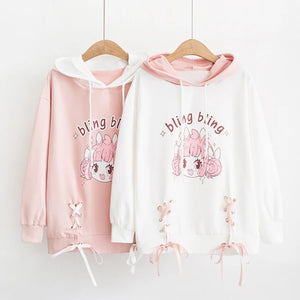 Cartoon Letter Print Rabbit Ears Drawstring Hoodie J10012 Sweatshirt