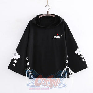 Cat Dream Laced-Up Loose Hoodie Black / One Size Sweatshirt